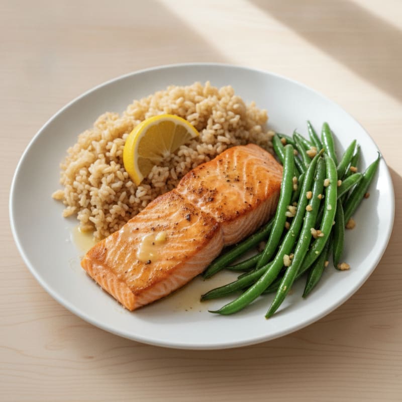 Seared Salmon with Garlic Green Beans and Brown Rice