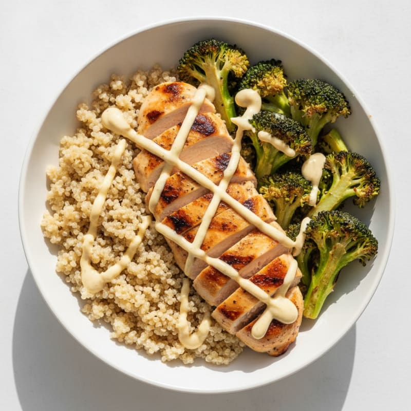 Grilled Chicken and Quinoa Bowl with Roasted Broccoli and Lemon Tahini Drizzle