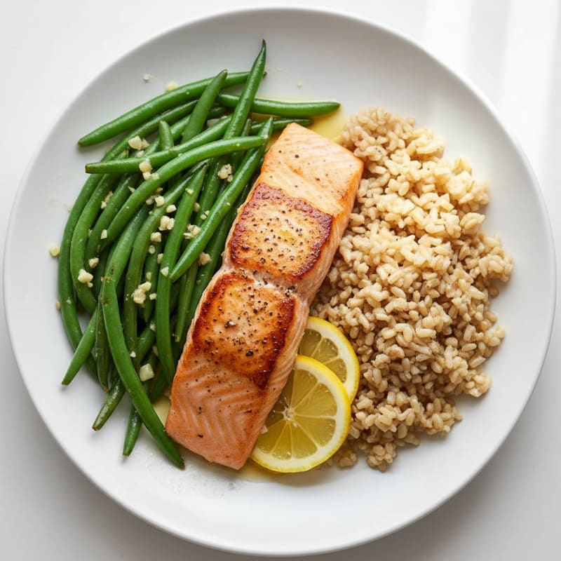 Seared Salmon with Garlic Green Beans and Brown Rice