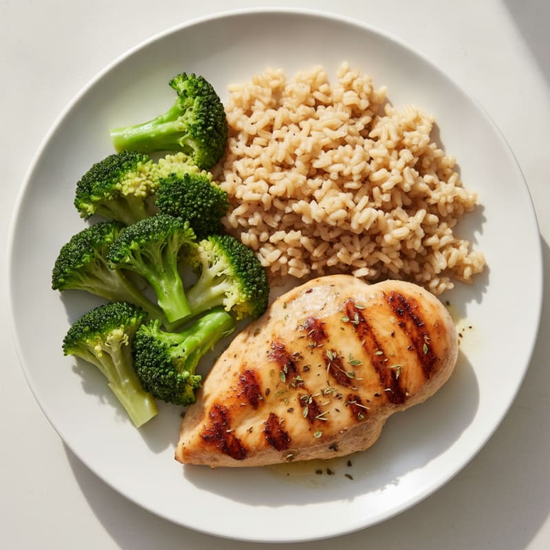 Grilled Chicken Breast with Steamed Broccoli and Brown Rice