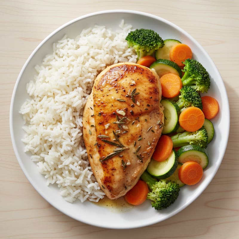 Herb-Roasted Chicken Breast with Steamed Basmati Rice and Mixed Vegetables