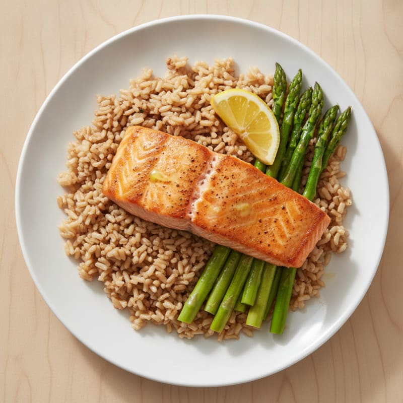 Seared Salmon with Steamed Asparagus and Brown Rice
