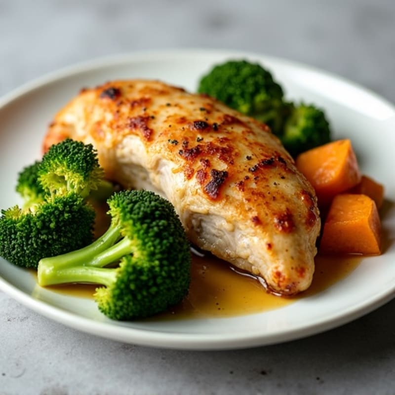 Roasted Chicken Breast with Crispy Broccoli and Sweet Potato