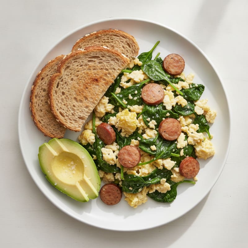 Egg White Scramble with Turkey Sausage and Sautéed Spinach