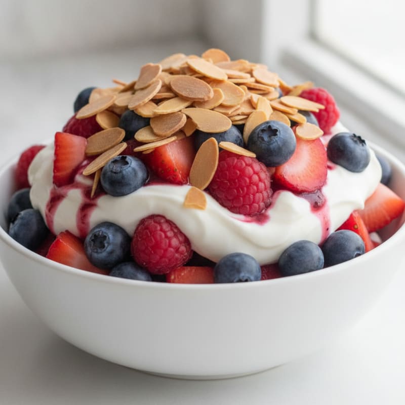 Greek Yogurt Protein Parfait with Mixed Berries and Almonds