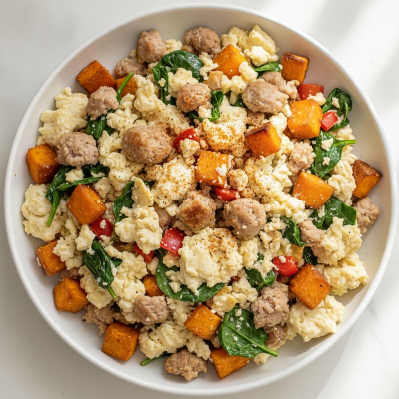 Egg White and Turkey Sausage Scramble with Roasted Sweet Potato