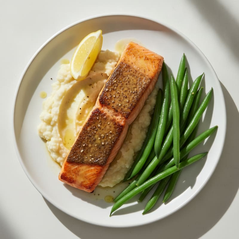 Seared Salmon with Steamed Green Beans and Garlic Mashed Cauliflower
