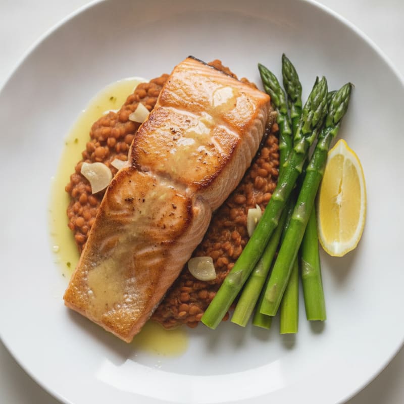 Seared Salmon Fillet with Steamed Asparagus and Lentil Mash