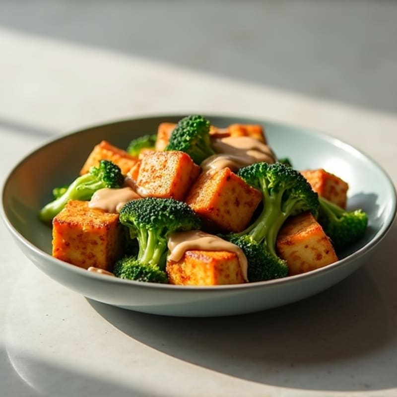 Crispy Baked Tofu with Roasted Broccoli and Peanut Sauce