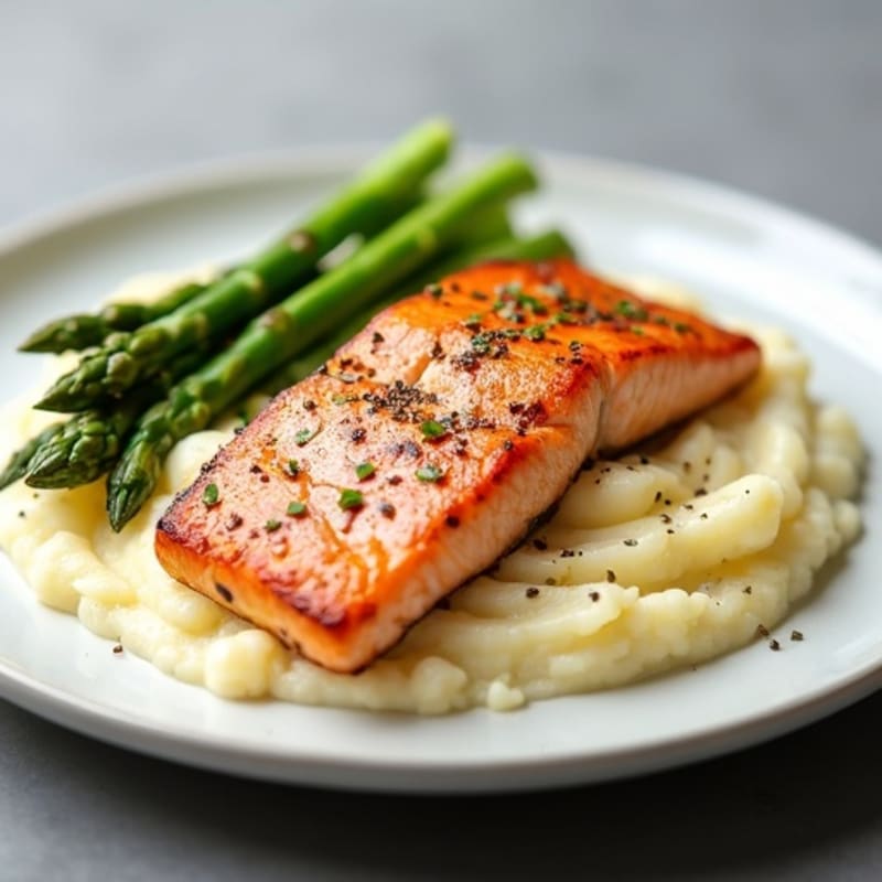 Seared Salmon Fillet with Steamed Asparagus and Cauliflower Mash