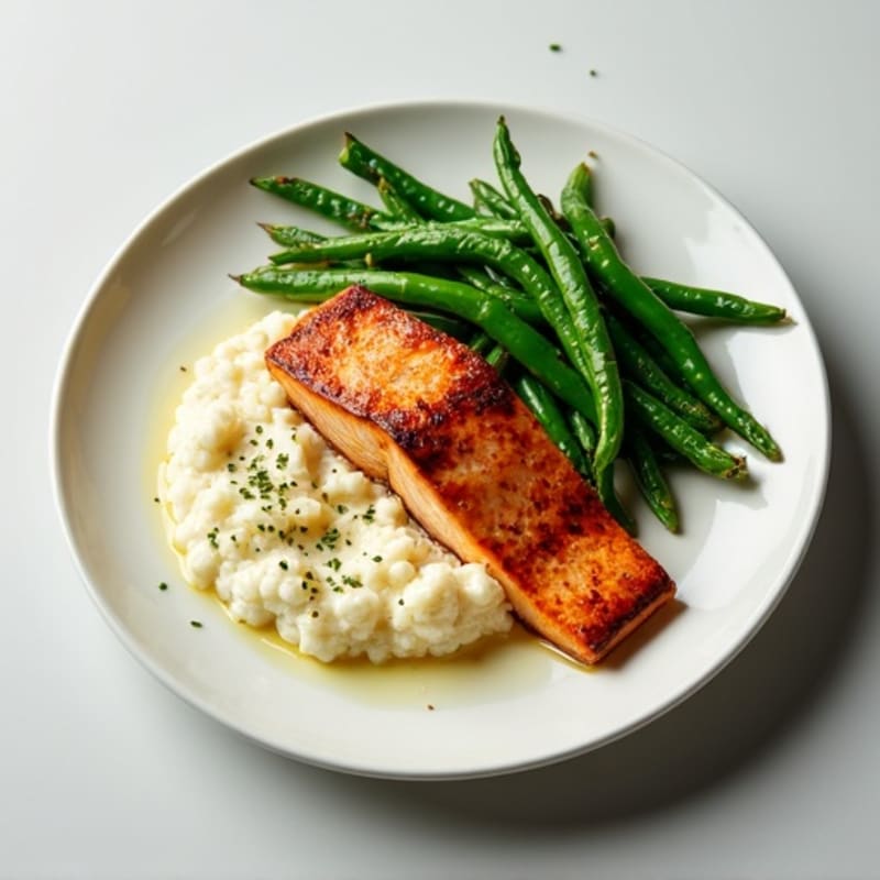 Seared Salmon with Garlic Green Beans and Cauliflower Mash