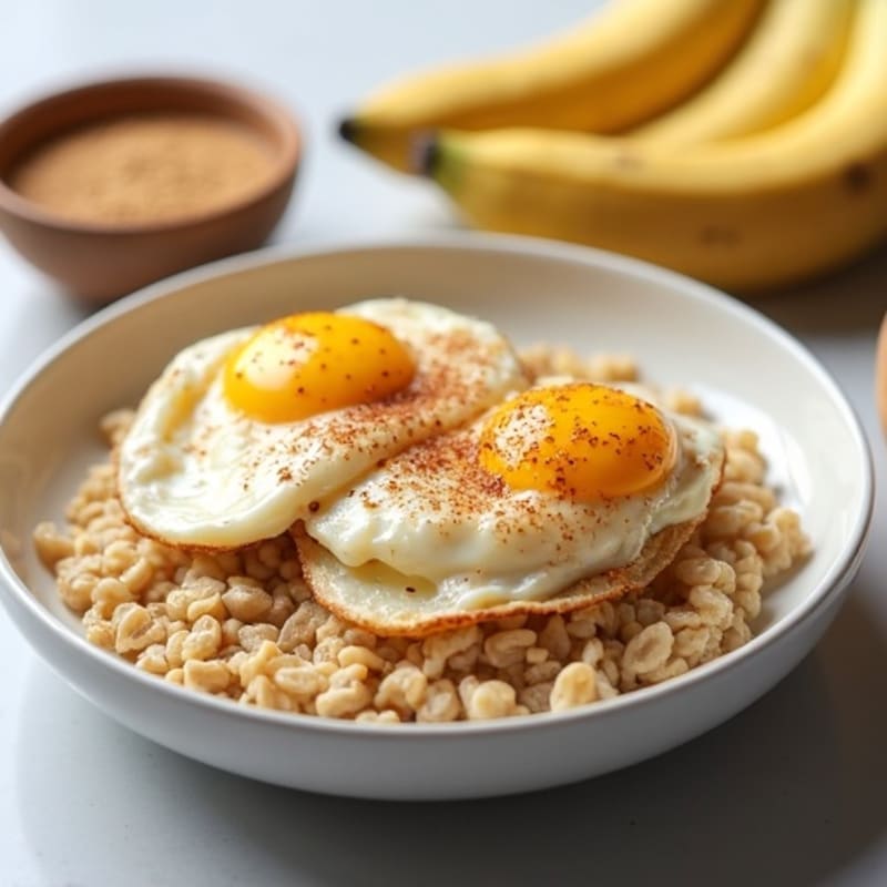 Creamy Banana-Cinnamon Protein Oats with Fried Eggs