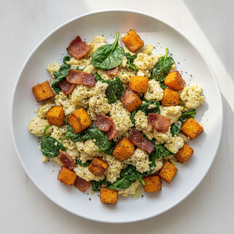 Crispy Turkey Bacon Egg White Scramble with Sautéed Spinach and Sweet Potato