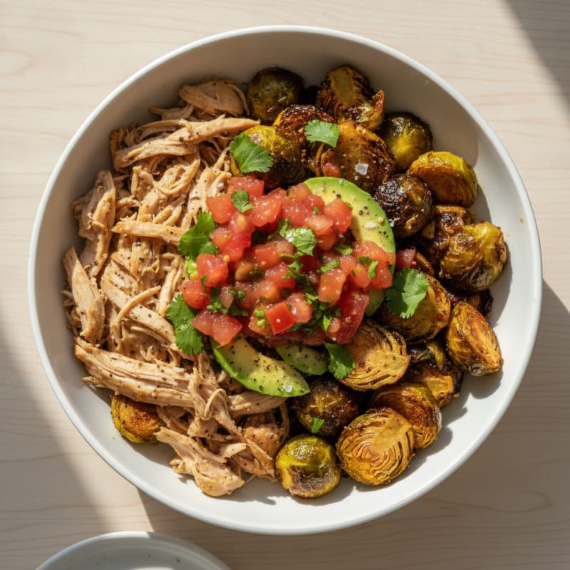 Shredded Chicken Salsa Bowl with Roasted Brussels Sprouts