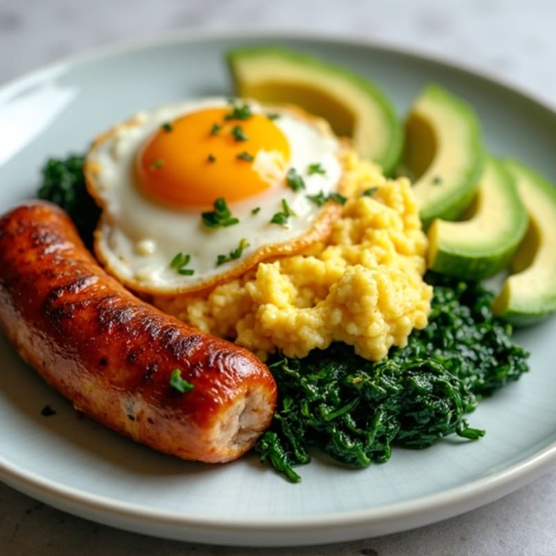 Crispy Turkey Sausage and Egg White Scramble with Sautéed Spinach