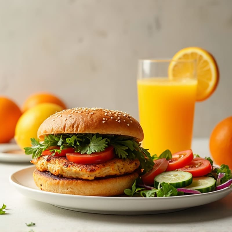 Grilled Chicken Sandwich with Arabic Salad and Fresh Orange Juice