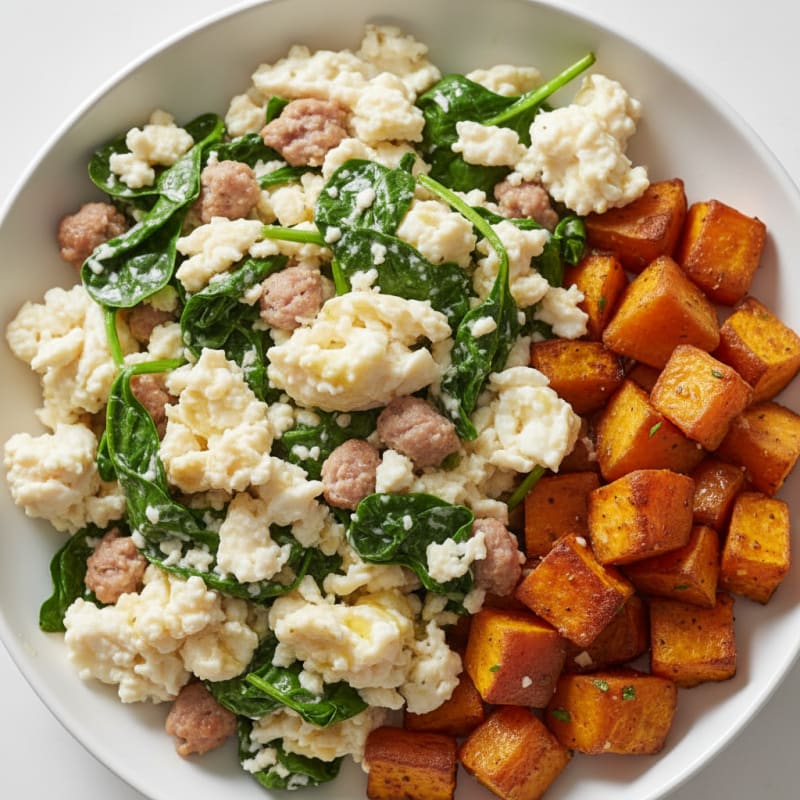 Egg White and Turkey Sausage Scramble with Spinach and Roasted Sweet Potatoes
