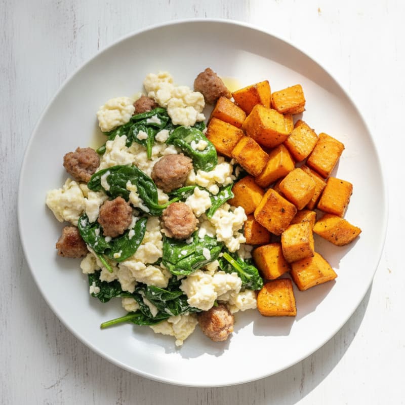 Egg White and Turkey Sausage Scramble with Spinach and Roasted Sweet Potatoes