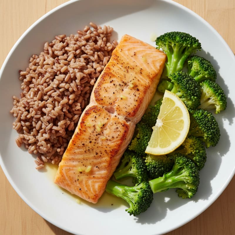 Seared Salmon with Steamed Broccoli and Brown Rice