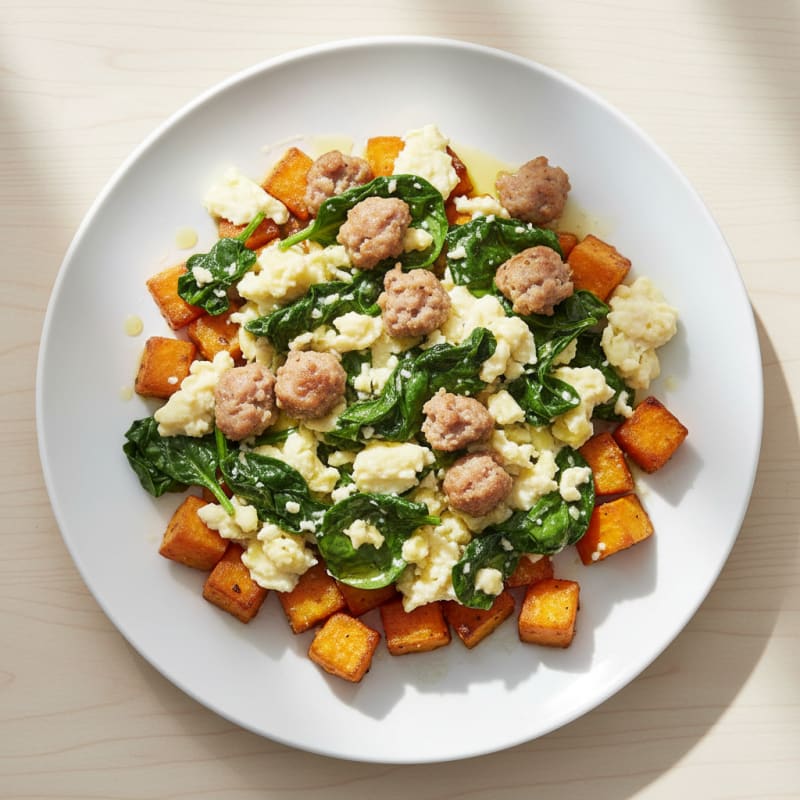 Egg White and Turkey Sausage Scramble with Spinach and Roasted Sweet Potatoes