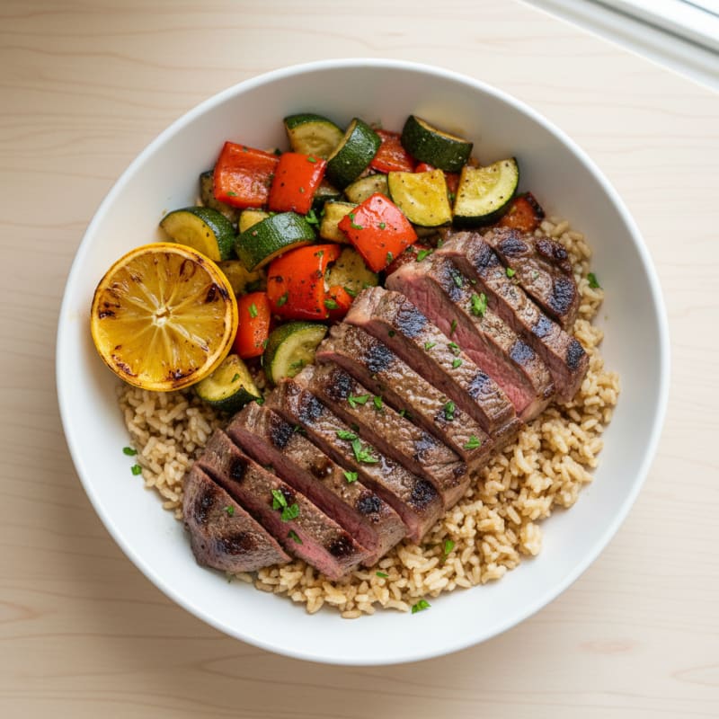 Grilled Steak Bowl with Brown Rice and Roasted Vegetables
