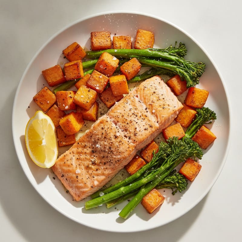 Sheet Pan Salmon with Roasted Sweet Potatoes and Broccolini