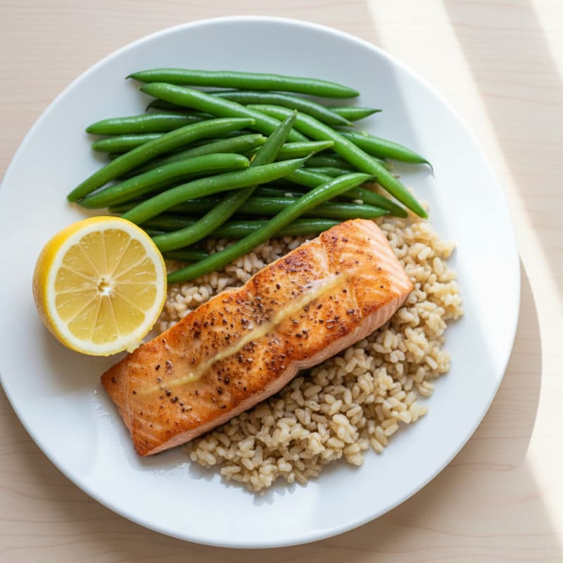 Seared Salmon with Steamed Green Beans and Brown Rice
