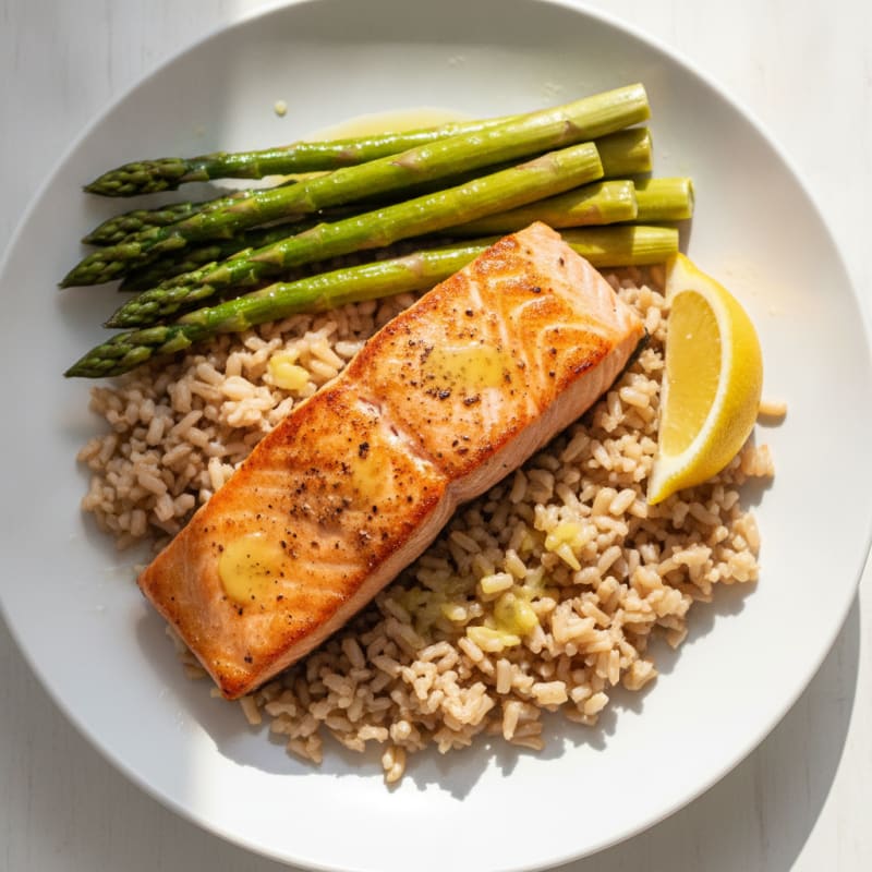 Seared Salmon with Steamed Asparagus and Brown Rice