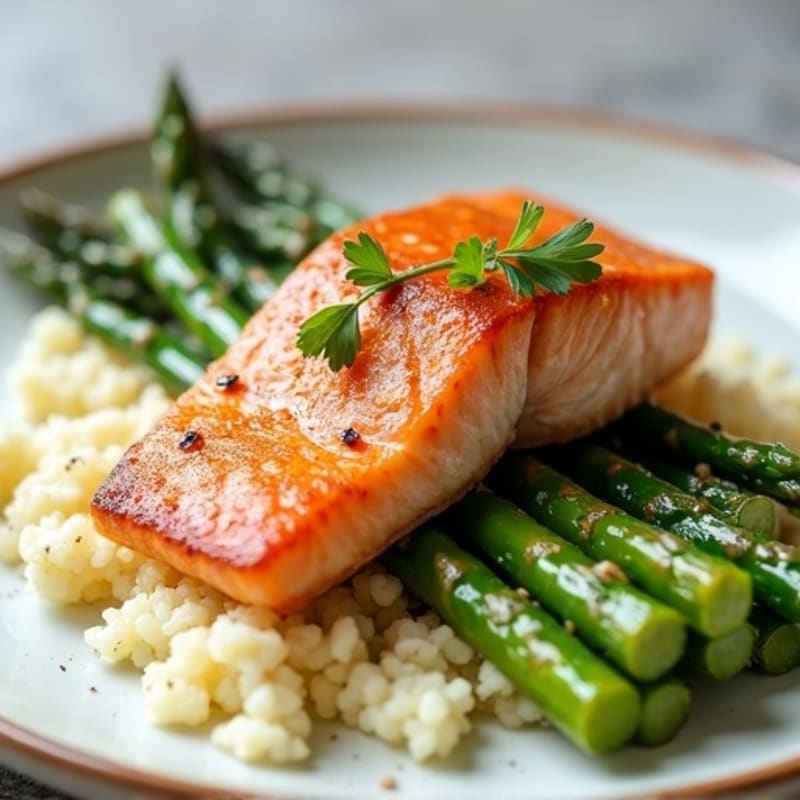 Seared Salmon with Steamed Asparagus and Cauliflower Rice