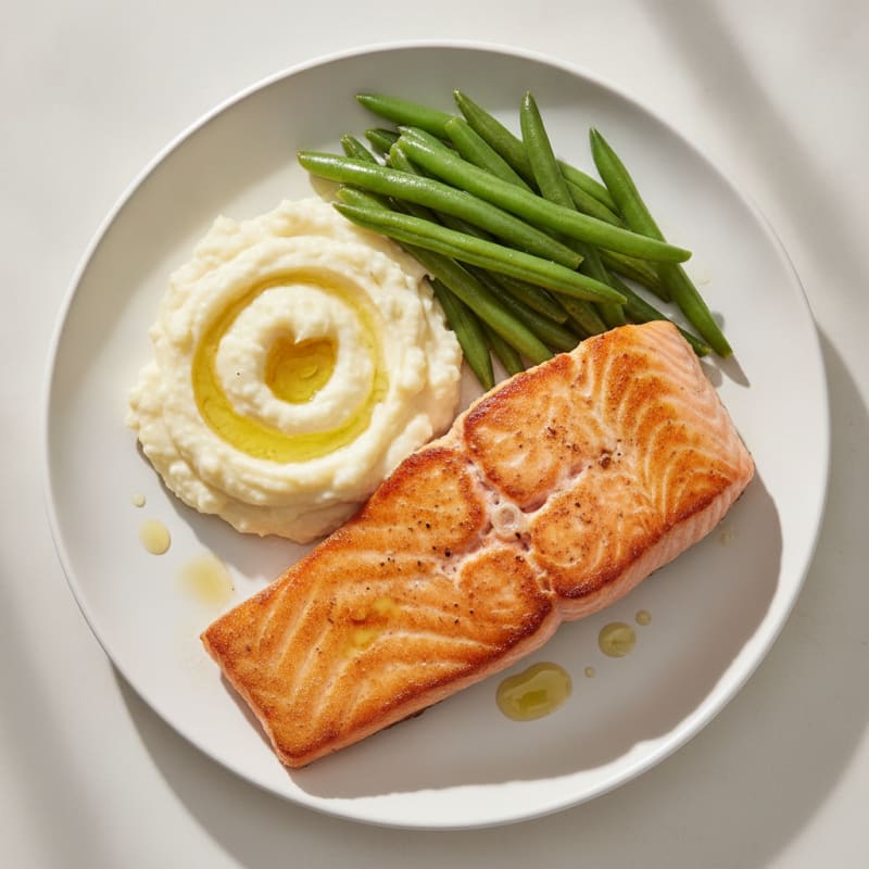 Seared Salmon with Steamed Green Beans and Garlic Mashed Cauliflower