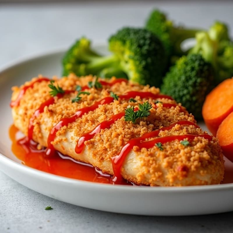 Crispy Buffalo Chicken with Roasted Sweet Potatoes and Broccoli