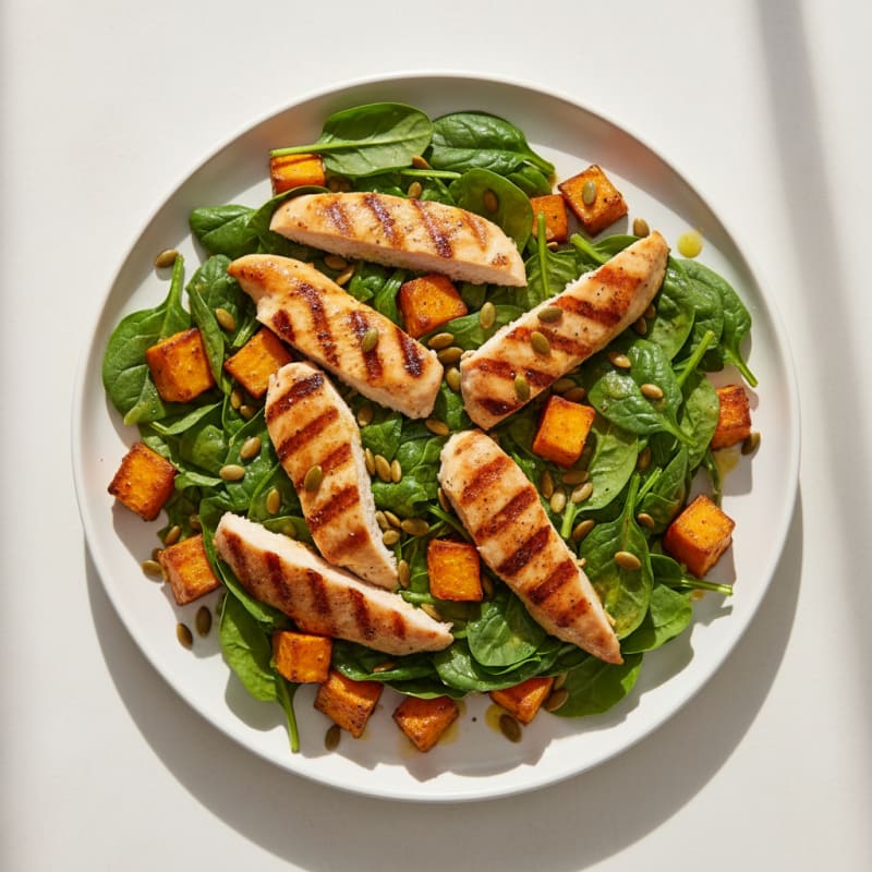 Grilled Chicken and Sweet Potato Salad with Spinach and Lemon Vinaigrette
