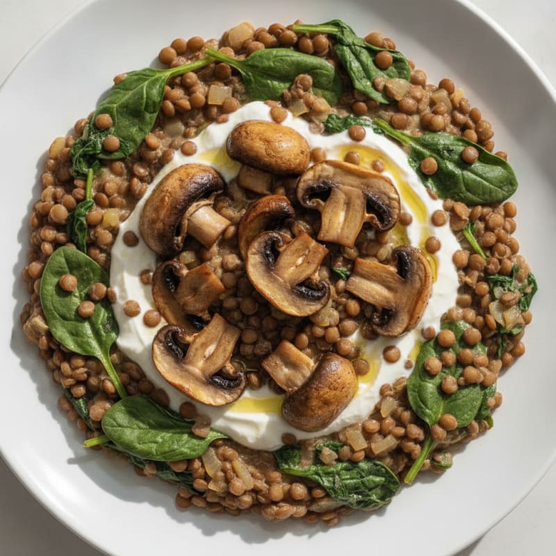 Creamy Lentil and Spinach Skillet with Roasted Mushrooms