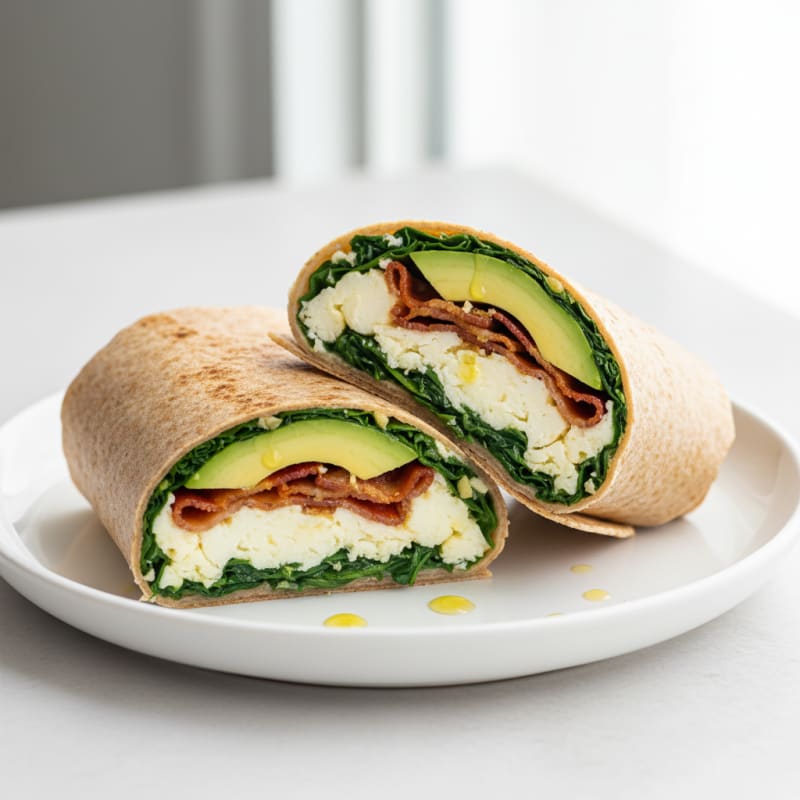 Crispy Turkey Bacon and Egg White Breakfast Wrap with Sautéed Spinach