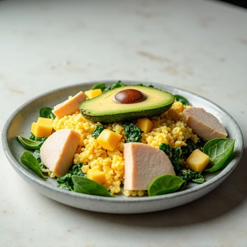 Egg White and Spinach Scramble with Cottage Cheese and Sliced Turkey