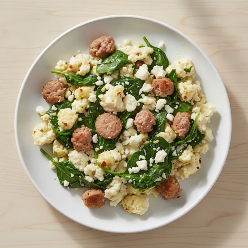 Egg White and Turkey Sausage Scramble with Sautéed Spinach
