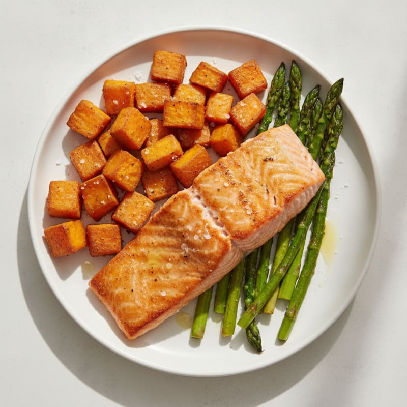 Seared Salmon Fillet with Roasted Sweet Potato and Asparagus