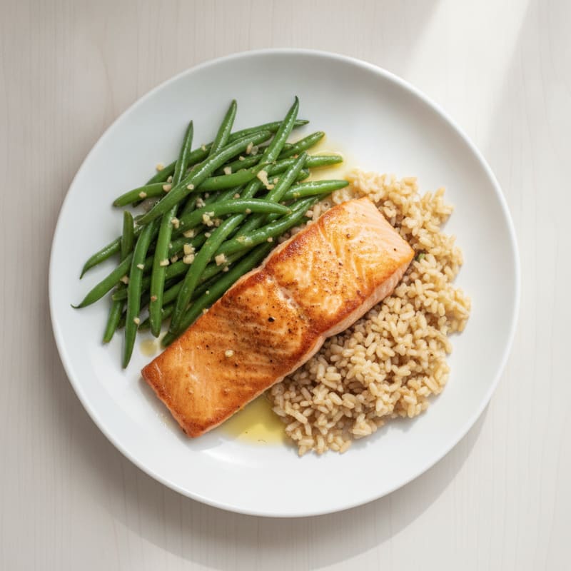 Seared Salmon with Garlic Green Beans and Brown Rice
