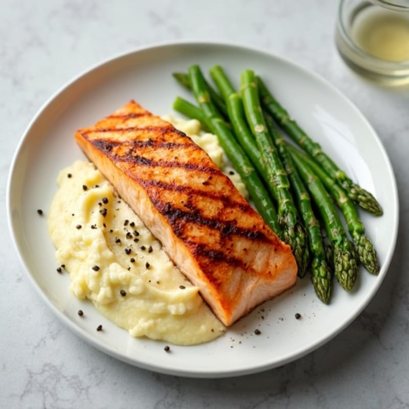 Seared Salmon with Steamed Asparagus and Cauliflower Mash