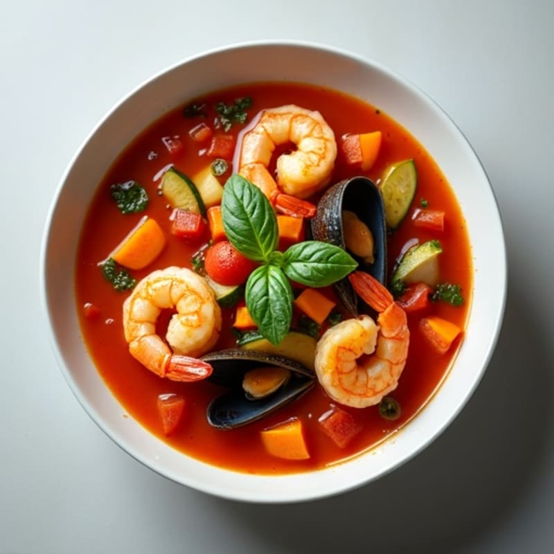 Fresh Seafood Simmered in Hearty Tomato Broth with Vegetables