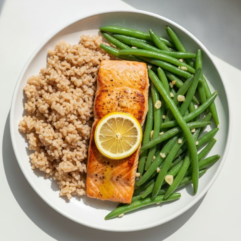 Seared Salmon with Garlic Green Beans and Brown Rice