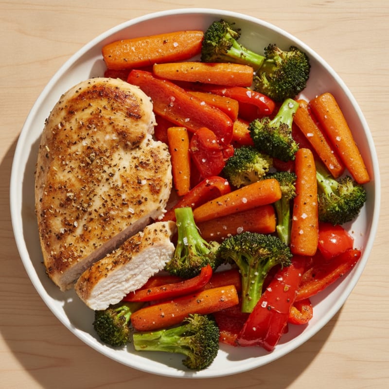 Pan-Seared Herb Chicken with Roasted Rainbow Vegetables