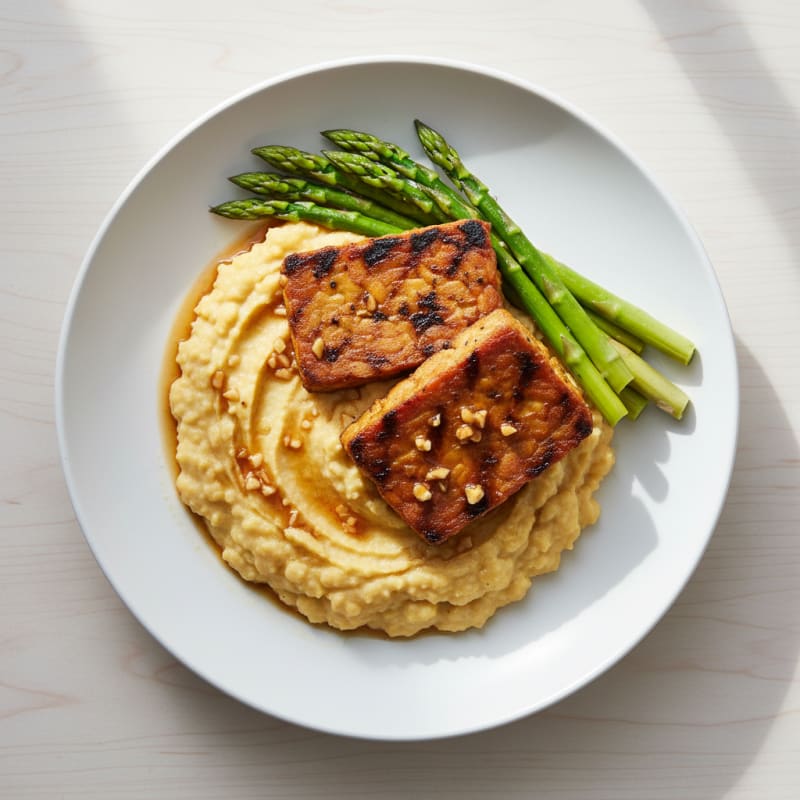 Grilled Tempeh with Creamy Chickpea Mash and Steamed Asparagus