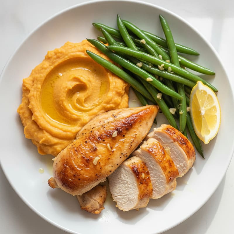 Roasted Chicken Breast with Garlic Green Beans and Sweet Potato Mash