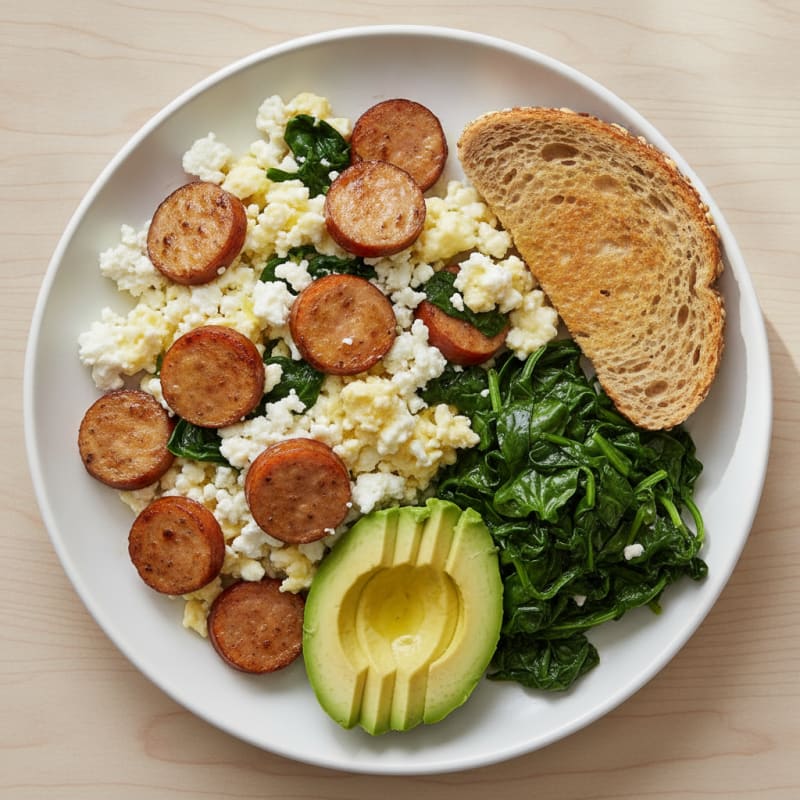 Cottage Cheese Scramble with Chicken Sausage and Sautéed Spinach