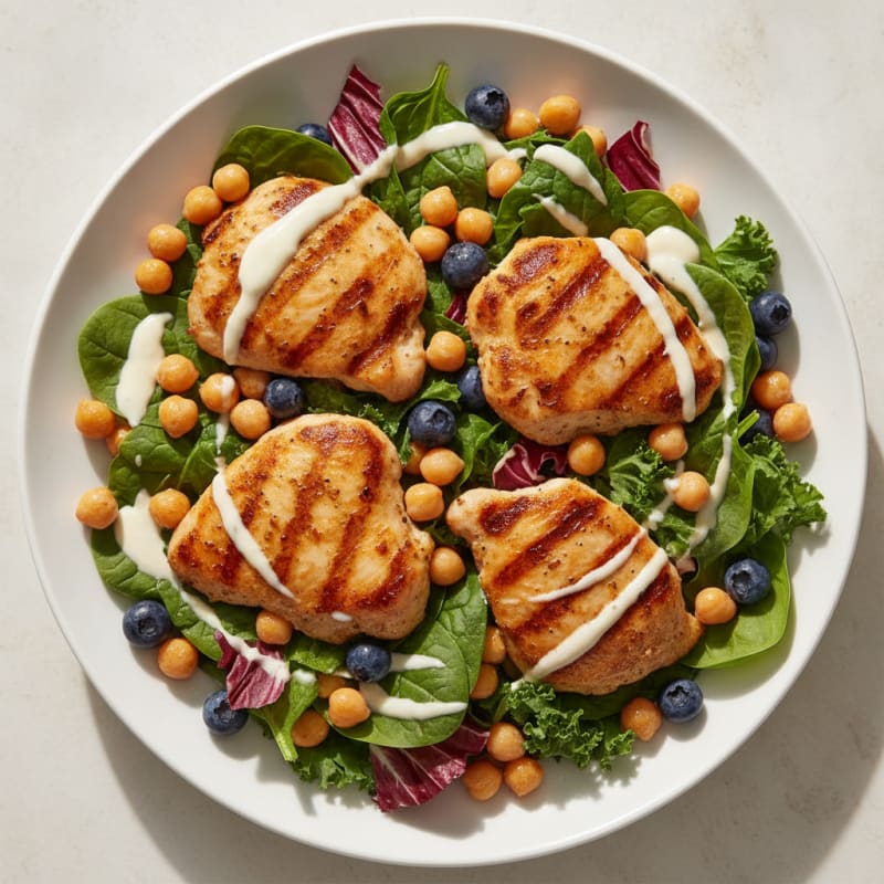 Grilled Chicken Thigh Salad with Mixed Greens and Chickpeas