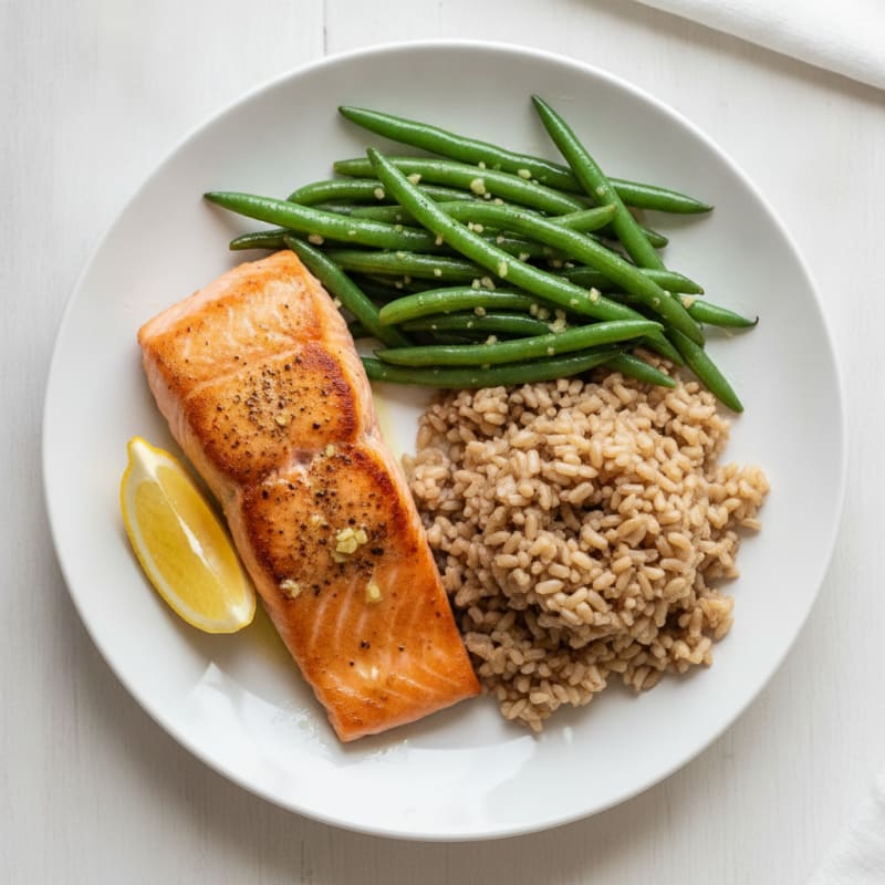 Seared Salmon with Garlic Green Beans and Brown Rice