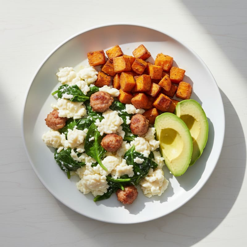 Egg White Spinach Scramble with Turkey Sausage
