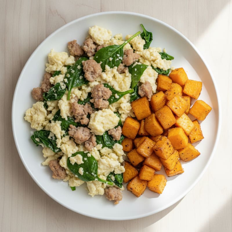 Egg White and Turkey Sausage Scramble with Spinach and Roasted Sweet Potato