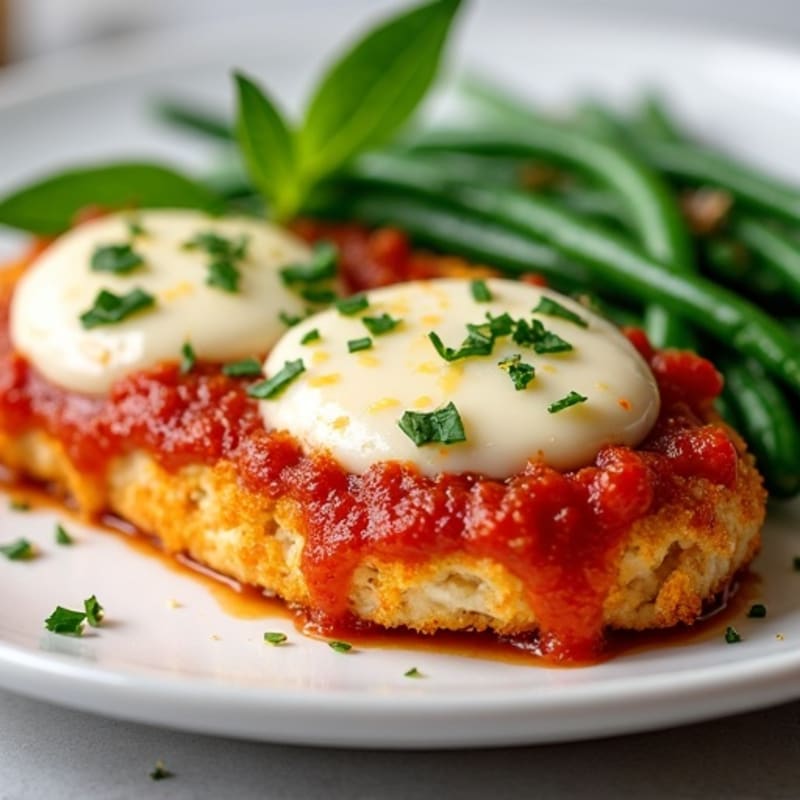 Healthy Crispy Chicken Parmesan with Garlicky Green Beans